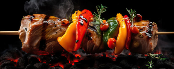 Shish kebab with vegetables grilled over fire on black background