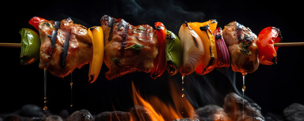 Shish kebab with vegetables grilled over fire on black background