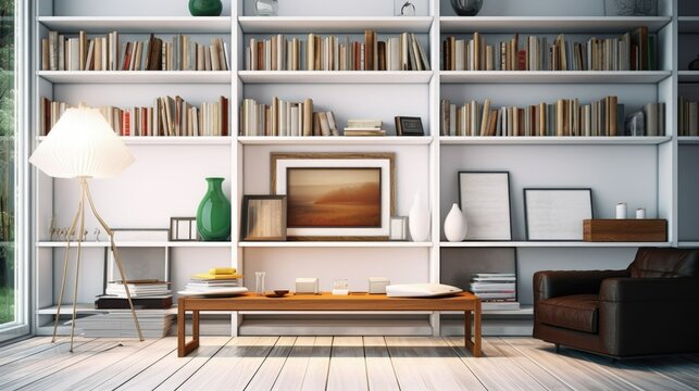 A bookshelf in a modern room