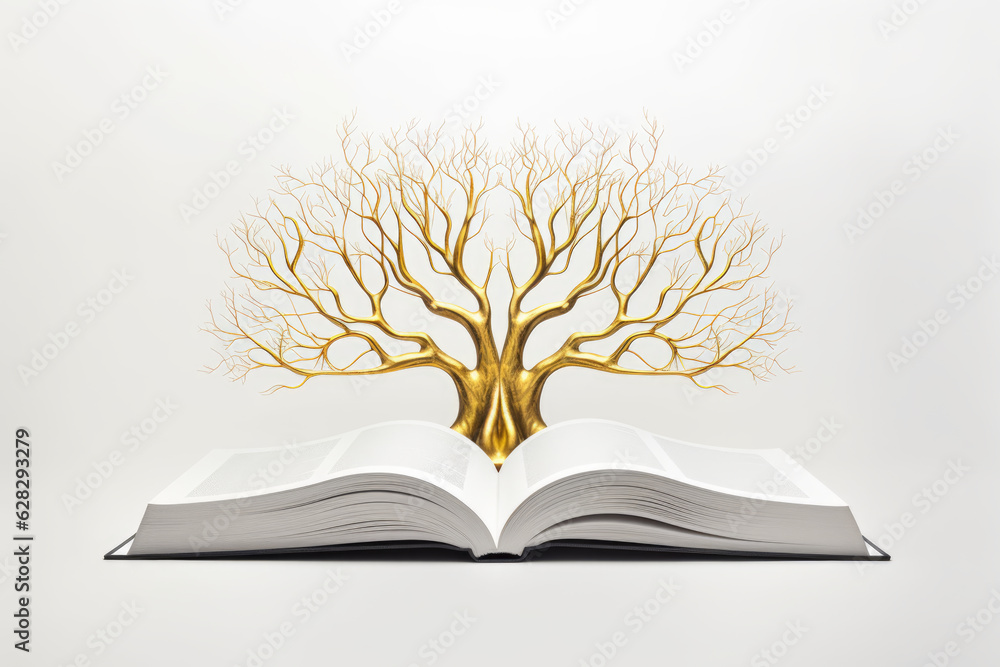 Poster an open book with a golden tree growing out of it. digital image.