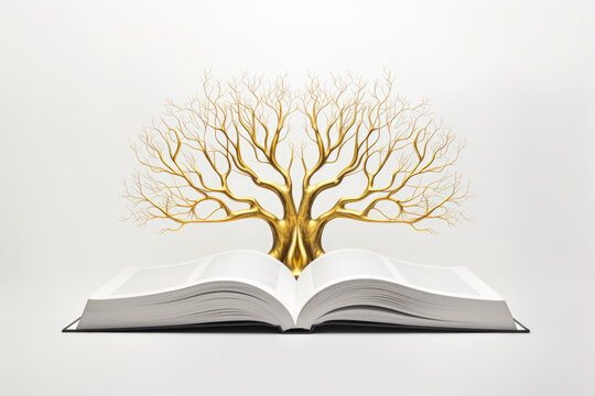 An open book with a golden tree growing out of it. Digital image.