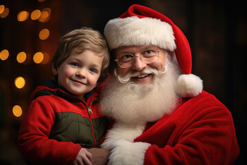 Cute and ruddy Santa Claus holds a 4 year old kid in his arms. Generative AI