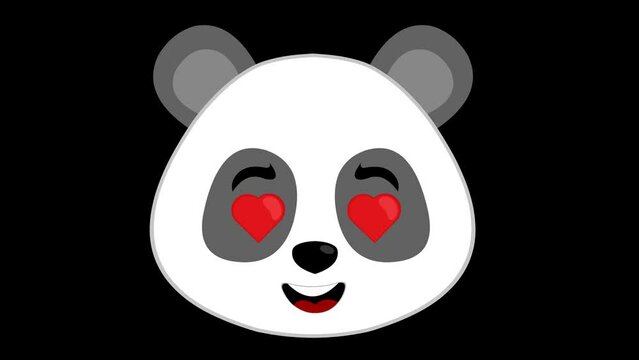 video animation face panda bear cartoon in love with eyes in the shape of hearts. On a transparent background with zero alpha channel