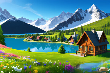 landscape with lake and mountains. Generative AI 