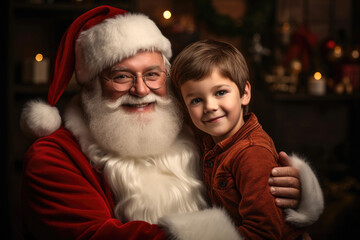 Cute and ruddy Santa Claus holds a 4 year old kid in his arms. Generative AI