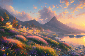 sunset over the mountains. Generative AI 