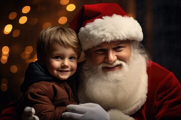 Cute and ruddy Santa Claus holds a 4 year old kid in his arms. Generative AI