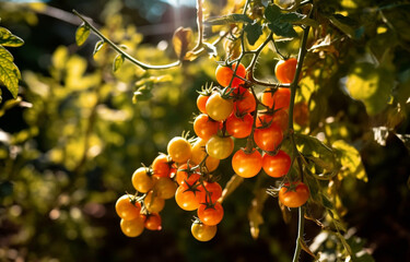 bush of cherry tomatoes on a branch in the sun made with AI generative technology