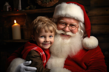 Obraz premium Cute and ruddy Santa Claus holds a 4 year old kid in his arms. Generative AI