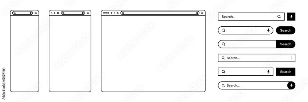 Poster blank web browser, internet page window with toolbar and search bar, field. modern website in flat s