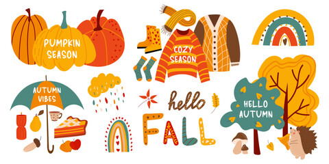 Vector Autumn Set. Set of pumpkins, autumn clothes, leaves, trees.  Collection of fall elements for scrapbooking. Beautiful poster, banner, poster. Hello fall, autumn vibes. White isolated background. - obrazy, fototapety, plakaty