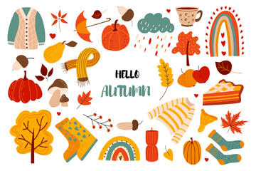 Cute autumn set with leaves, acorns, sweater, scarf, pumpkins, boots, mushrooms, pie, rainbow and text "Hello Autumn" . Suitable for children's projects, scrapbooking, etc. Vector illustration.