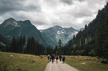 Fototapeta na wymiar Group of people walking in the mountains