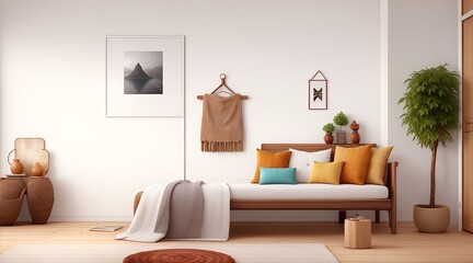  Blank wall mock up in home interior background, white room with natural wooden furniture