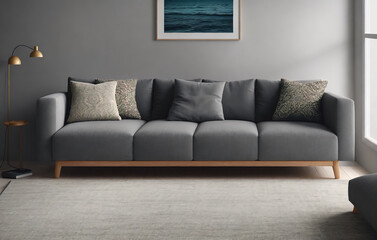 Interior with grey sofa. Generative AI.