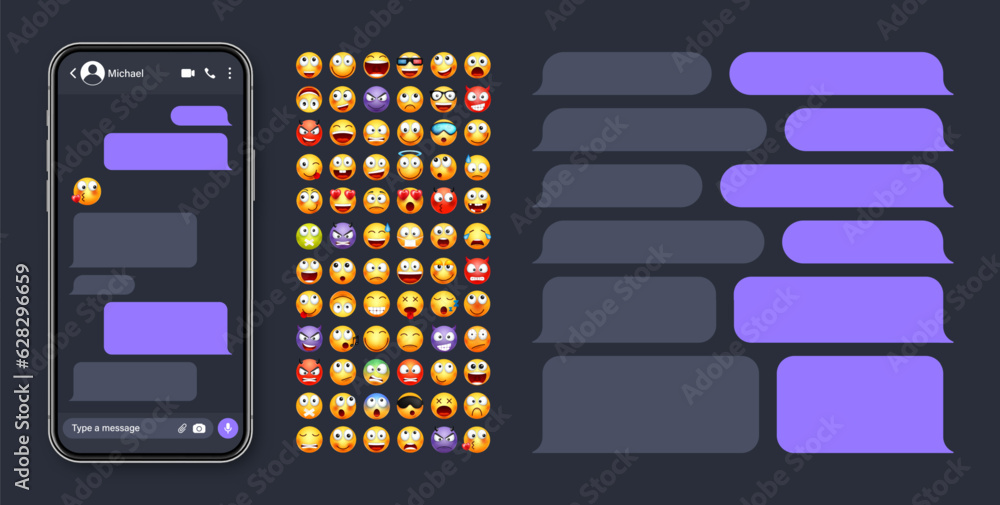 Wall mural smartphone messaging app, user interface with emoji. sms text frame. chat screen, violet message bub
