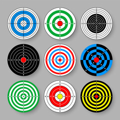 Shooting range paper targets. Round target with divisions, marks and numbers. Archery, gun shooting practise and training, sport competition and hunting. Bullseye and aim. Vector illustration