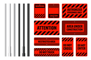 Warning, danger signs, attention banners with metal poles. Red caution sign, construction site signage. Notice signboard, warning banner, road shield. Vector illustration