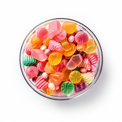 Top-down view of a bowl of assorted colored candies.