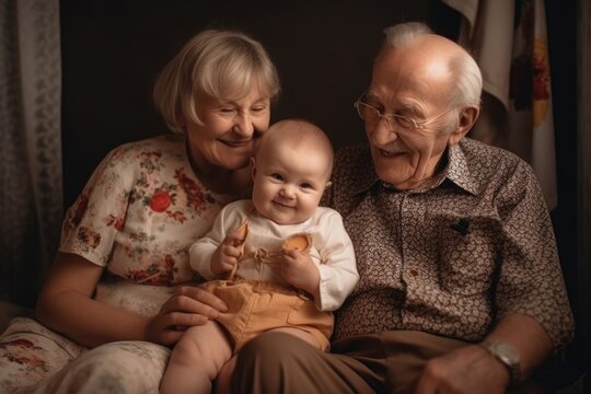love, grandparents and baby with hug, smile and sitting on floor together