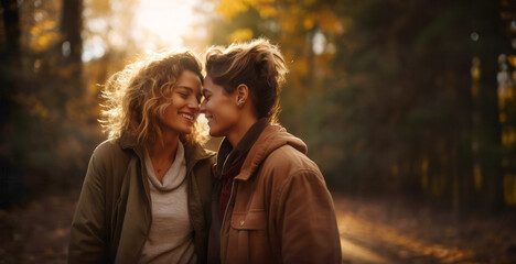 Happy lesbian couple in love, girlfriends hugging, smiling and kissing in nature at sunset, autumn season. Romantic scene between two lovers together, female gay tenderness. - obrazy, fototapety, plakaty