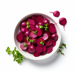 Top-down view of a bowl of beetroot slices isolated on a white background