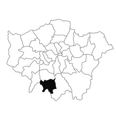 Map of Sutton in Greater London province on white background. single County map highlighted by black colour on Greater London, England administrative map.