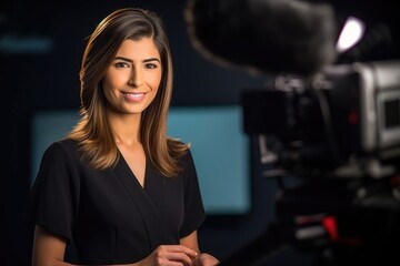 portrait of a young female reporter standing in the studio with her microphone - obrazy, fototapety, plakaty