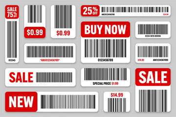 Set of product barcodes. Special offer, sale stickers, shopping discount label or promotional badge. Serial number, product ID. Store or supermarket scan labels, price tag. Vector illustration