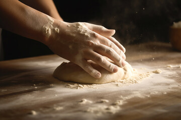 Obraz premium Human hands preparing pizza dough. Generative AI