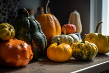 Different types, colors and sizes pumpkins on the kitchen table, garden harvest. Generative AI