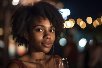 Pretty young afro-american woman with a glass of wine. Generative AI