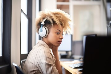 shot of a young woman listening to headphones in her office