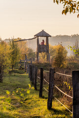 Lookout tower and electric fence around Milovice Nature Reserve hosting wild horse and aurochs,...