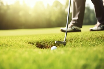 closeup of a golfer teeing off in the distance
