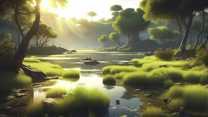 Illustration of lake in the forest savanna sunrise | AI Generated