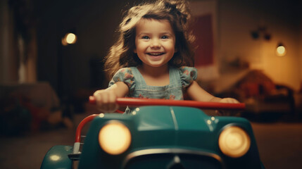 Fototapeta na wymiar A little kid drives a small pedal car. Generative AI