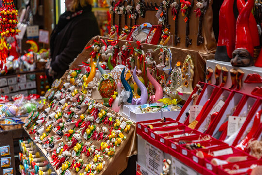 Cornicelli good luck charms sold at a gift shop in Naples, Italy