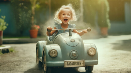 A little kid drives a small pedal car.  - obrazy, fototapety, plakaty