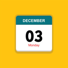 monday 03 december icon with yellow background, calender icon