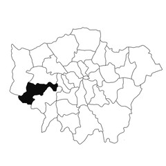 Map of Hounslow in Greater London province on white background. single County map highlighted by black colour on Greater London, England administrative map.