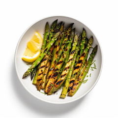 Top-down view of a bowl of grilled asparagus. Generative AI.