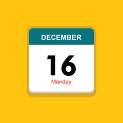 monday 16 december icon with yellow background, calender icon
