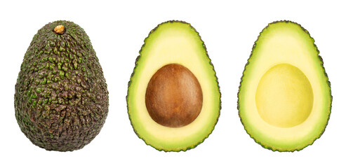 Set of avocado fruit. Fresh whole and half avocado isolated on white background close-up. Full depth of field.