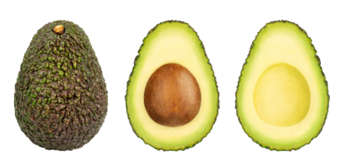 Set of avocado fruit. Fresh whole and half avocado isolated on white background close-up. Full depth of field.