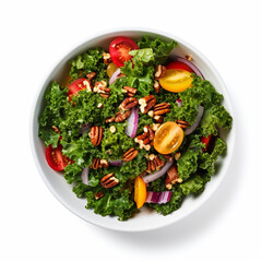Top-down view of a bowl of kale salad isolated on a white background