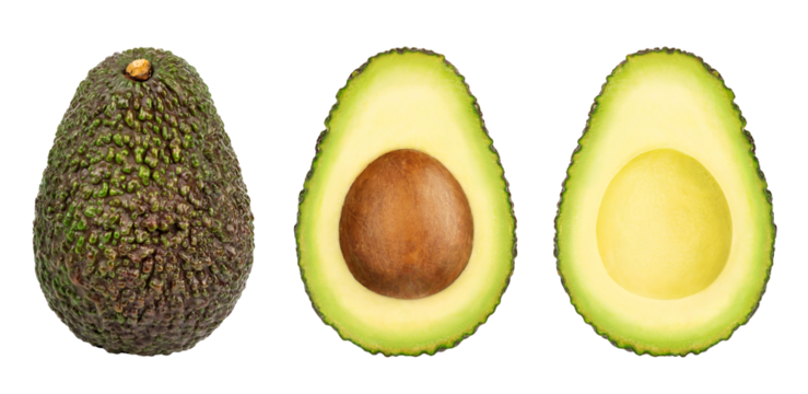 Set of avocado fruit. Fresh whole and half avocado isolated on white background close-up. Full depth of field.