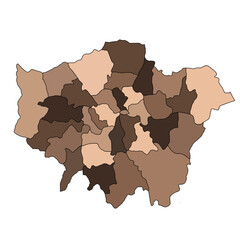 brown map of Greater London is a region of England, with borders of the ceremonial counties or boroughs and different colour.