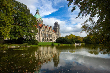 Fototapeta na wymiar Hannover, Germany - October 14, 2022. The castle-like Neues Rathaus town hall was finished in 1913