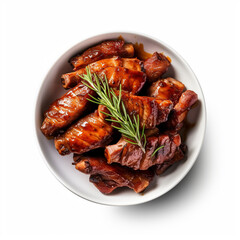 Top-down view of a bowl of pork ribs.